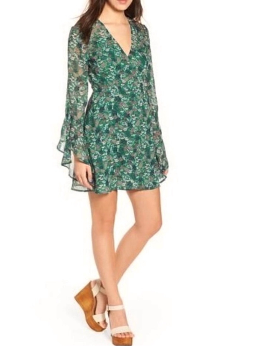 NWT The Fifth Label Wrap Dress Jade Floral Bloom Viridian Sheer Bell Sleeve XL